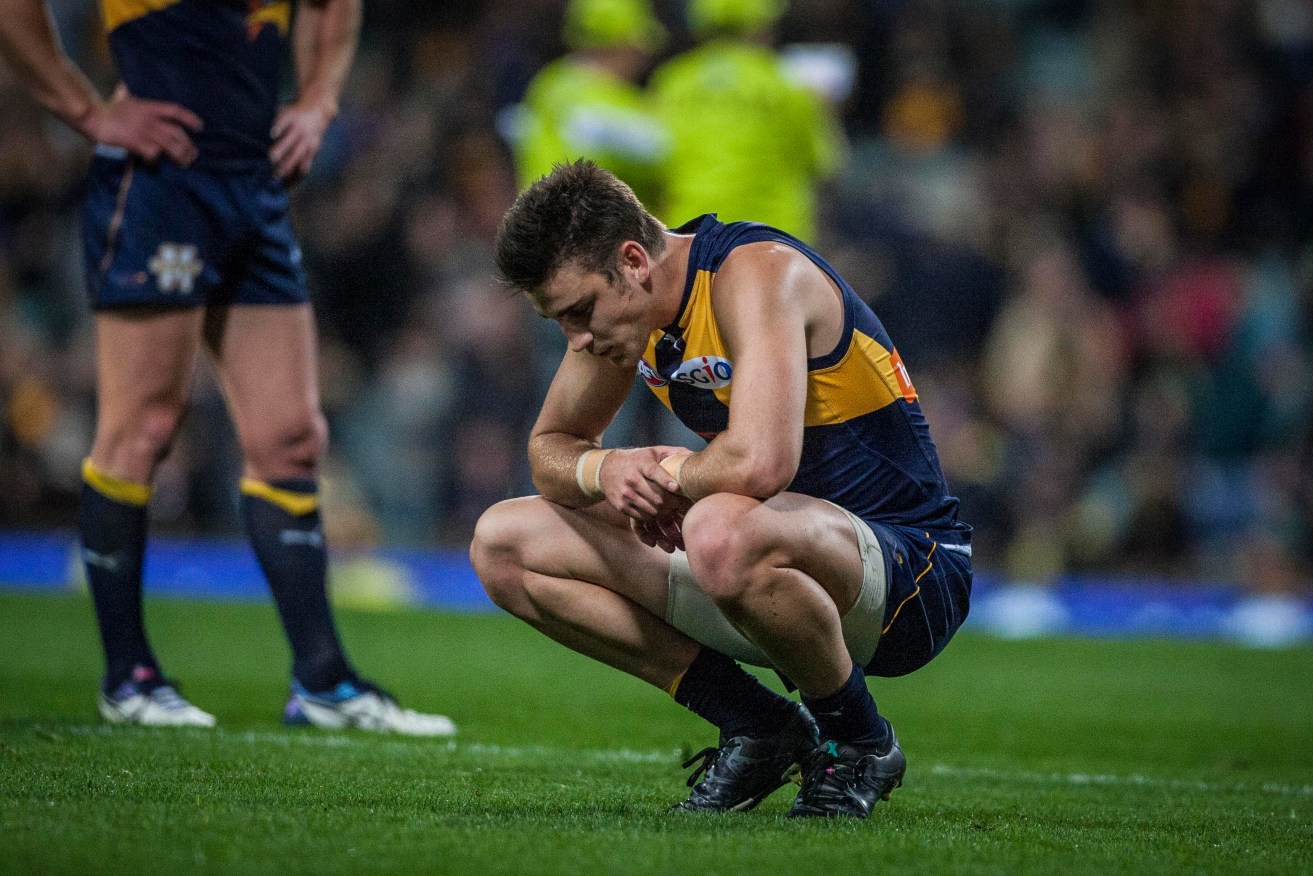 Eagle Elliot Yeo after the final siren. Photo: Tony McDonough / AAP