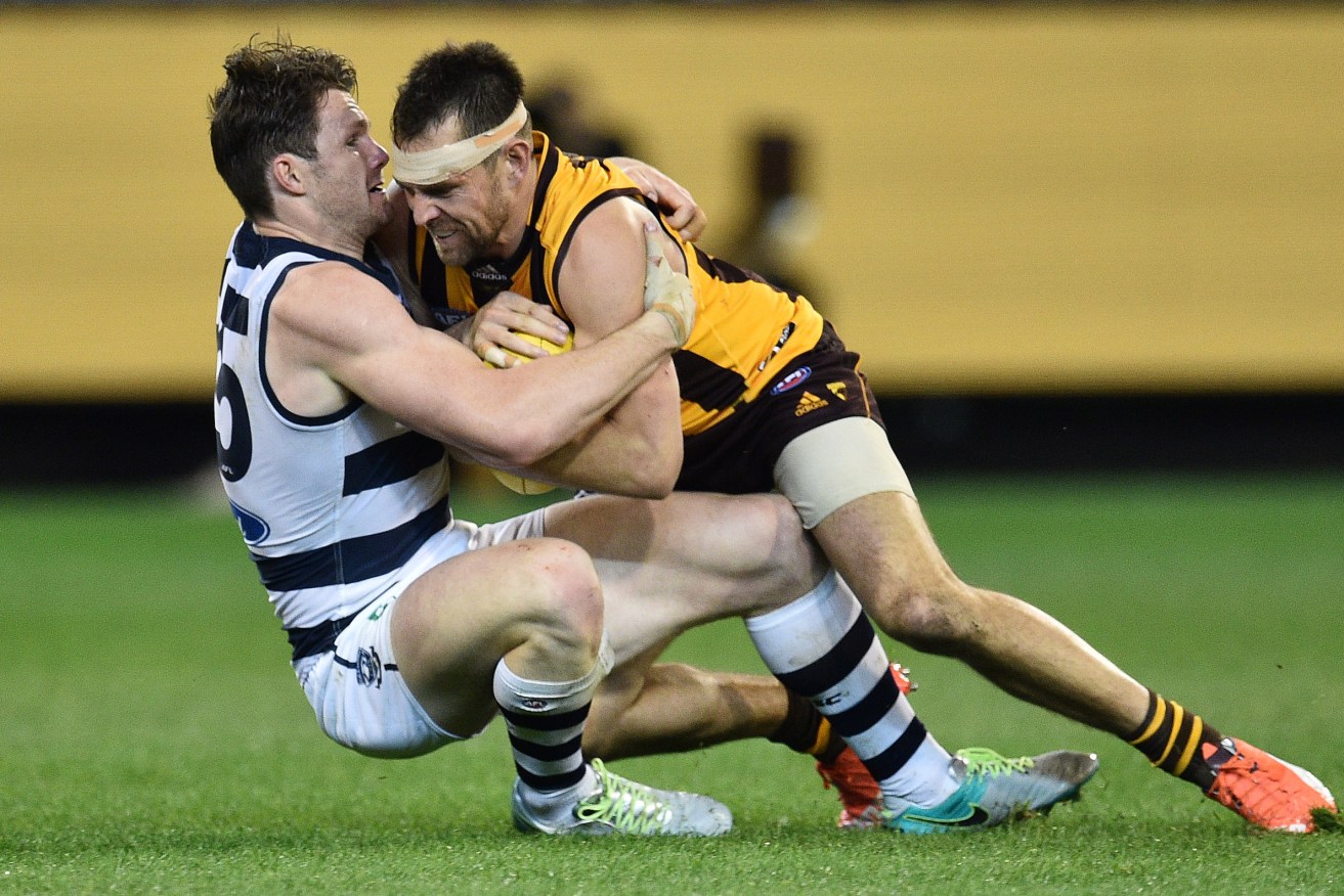 Geelong's Patrick Dangerfield and Hawthorn's Luke Hodge tussle in the Cats' home final at the MCG on Friday night. Photo: Julian Smith / AAP