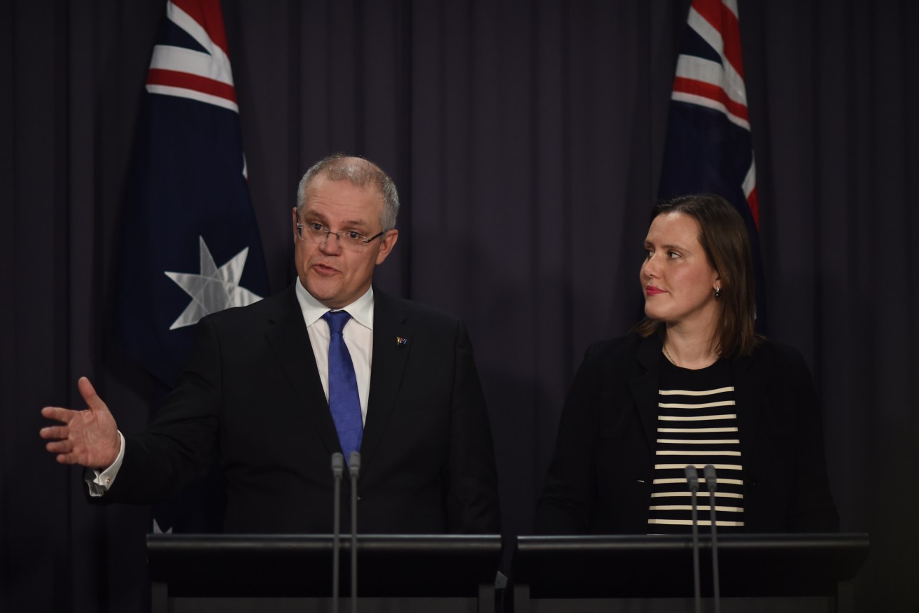Treasurer Scott Morrison and Minister for Revenue and Financial Services Kelly O'Dwyer announce the super changes today. Photo: AAP/Lukas Coch