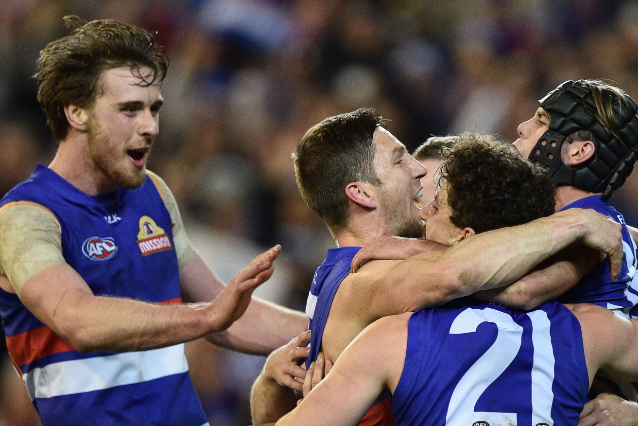 Bulldogs players react after knocking off triple premiers Hawthorn. Photo: Julian Smith / AAP