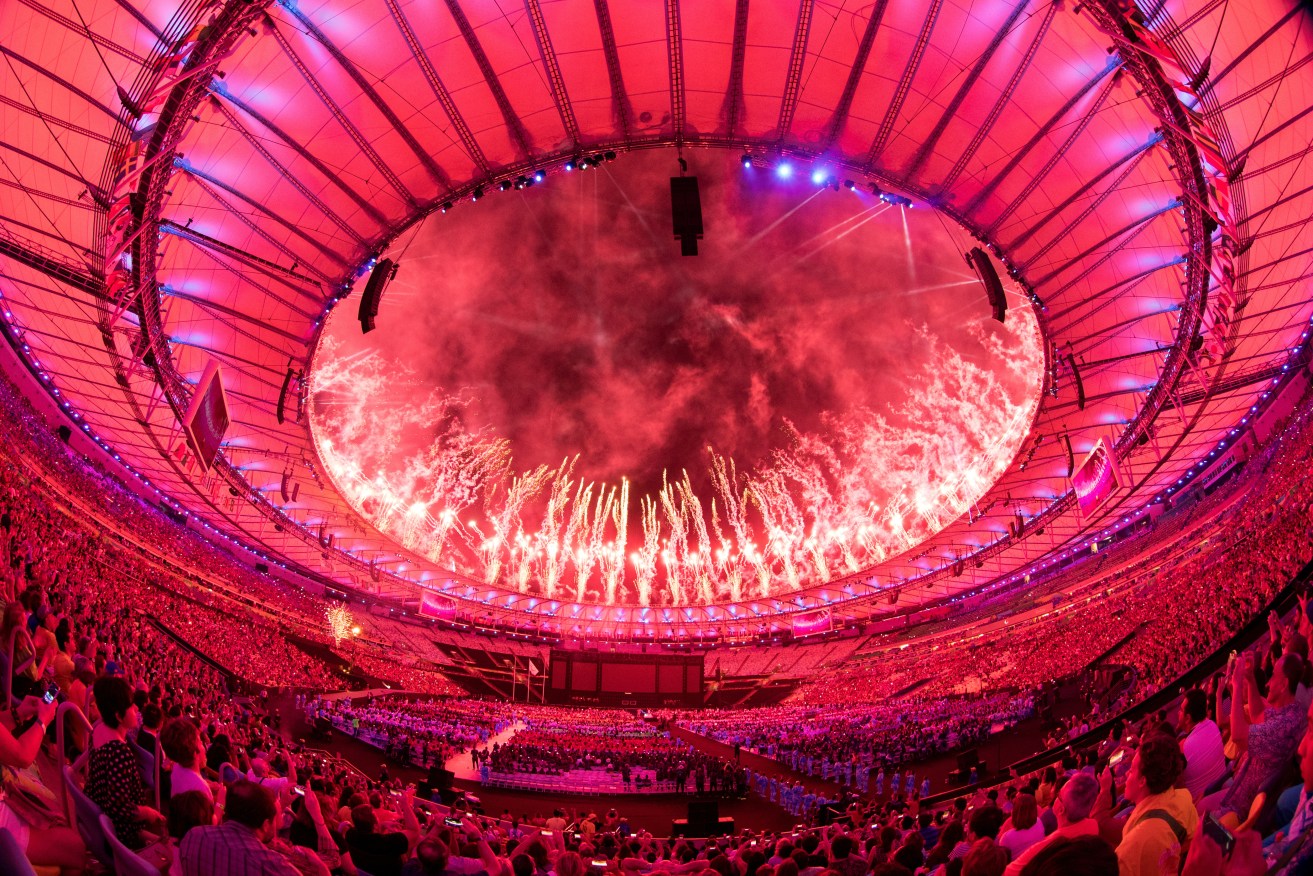 Fireworks are set off during the closing ceremony of the Paralympic Games in Rio de Janeiro. Photo: Simon Bruty, OIS via Press Association / AAP