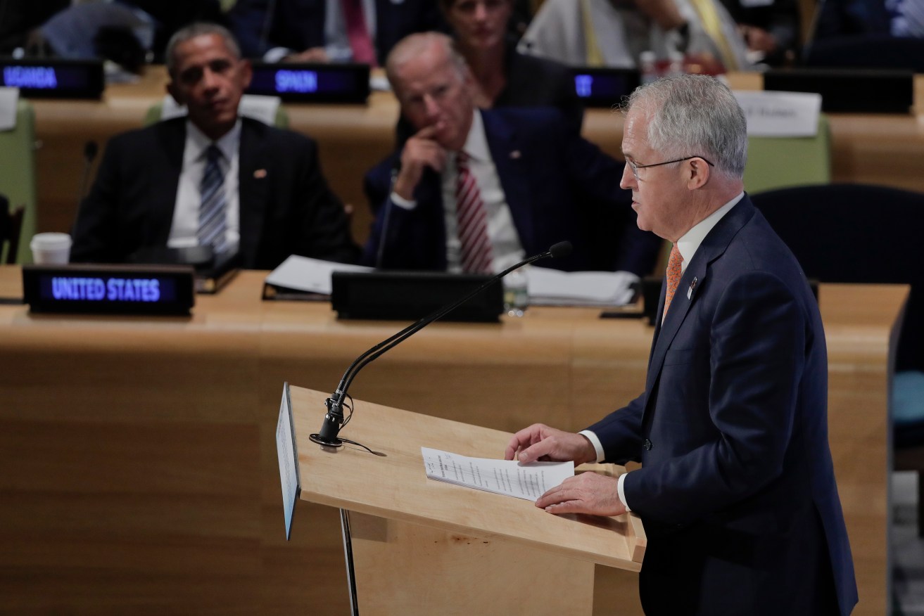 Prime Minister Malcolm Turnbull speaks at the Leader's Refugee Summit at the UN in New York. Photo: AP/Julie Jacobson