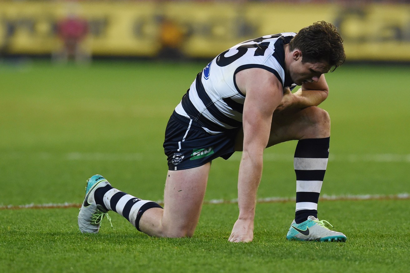 Patrick Dangerfield, hopefully musing ruefully on his life choices. Photo: Tracey Nearmy / AAP