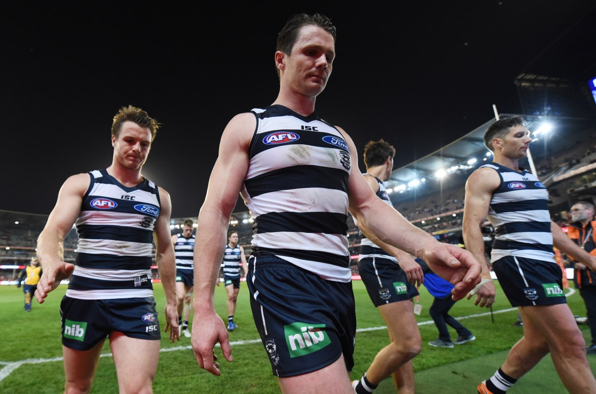 Patrick Dangerfield of the Cats walks off after losing the AFL preliminary final between the Geelong Cats and the Sydney Swans at the MCG in Melbourne, Friday, Sept. 23, 2016. (AAP Image/Tracey Nearmy) NO ARCHIVING, EDITORIAL USE ONLY