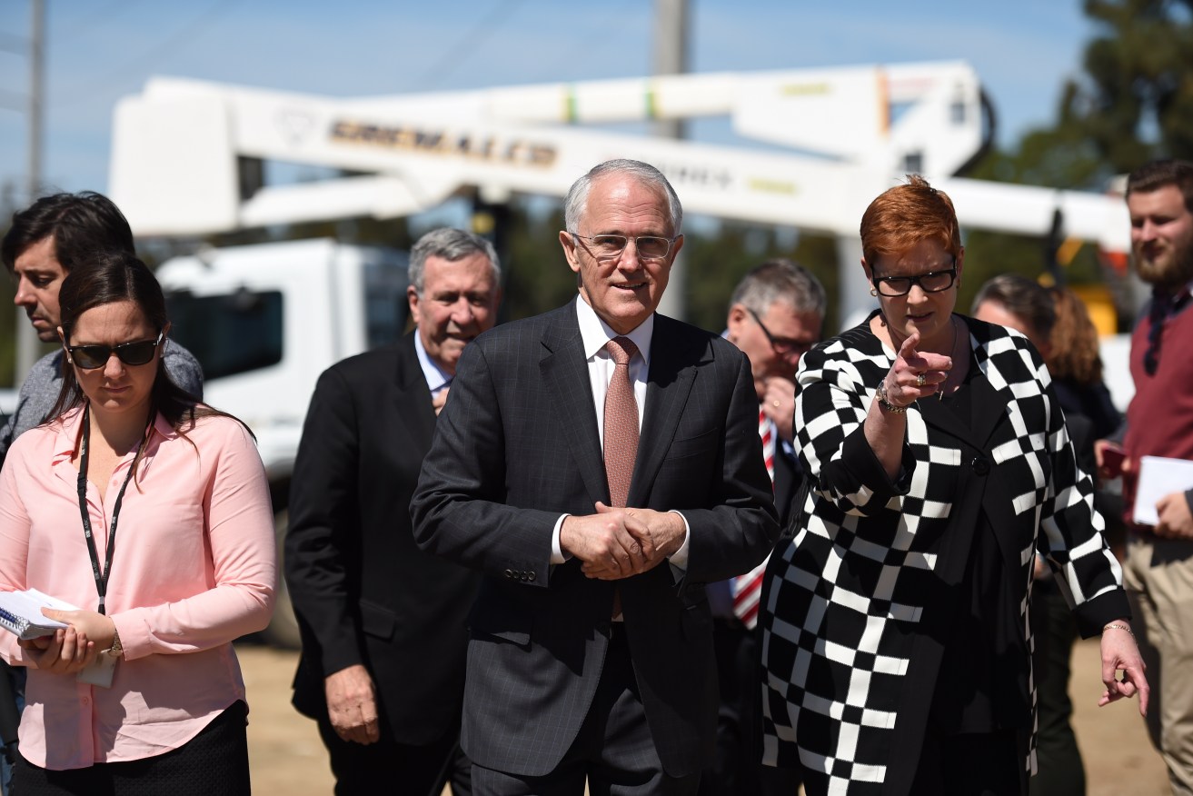Prime Minister Malcolm Turnbull and Minister for Defence Senator Marise Payne at the announcement of a major infrastructure announcement at Harrington Park in South Western Sydney yesterday. Photo: Mick Tsikas / AAP
