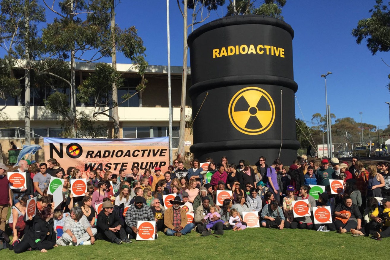 Nuclear waste dump opponents at a protest at Flinders University last year. Photo: AAP