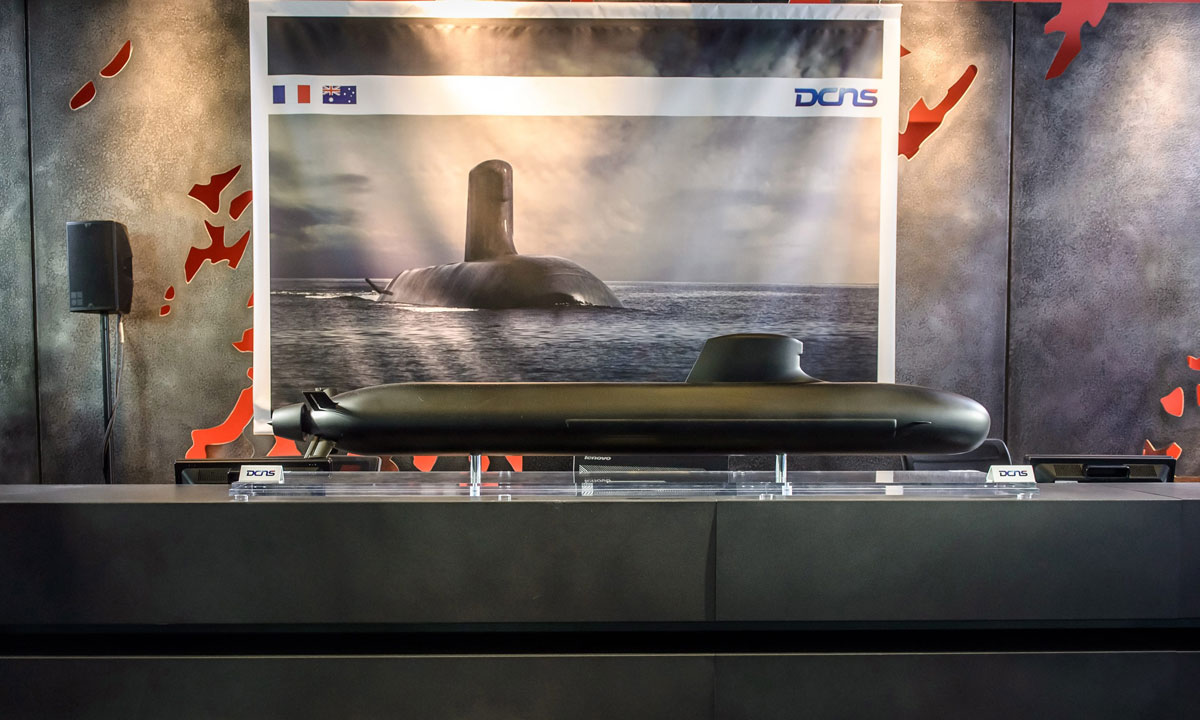 A Shortfin Barracuda submarine mock-up at DCNS headquarters in Paris. Photo: EPA
