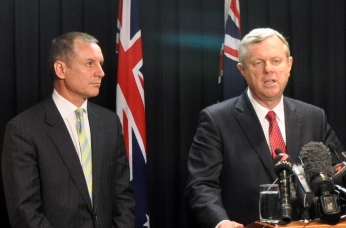 Outgoing SA Premier Mike Rann (right) speaking at a press conference alongside his annointed successor Education Minister Jay Weatherill, Adelaide, Monday, Aug. 8, 2011. Mr Rann announced he will step down on October 20. (AAP Image/Sarah Malik) NO ARCHIVING, LOW RES ONLY