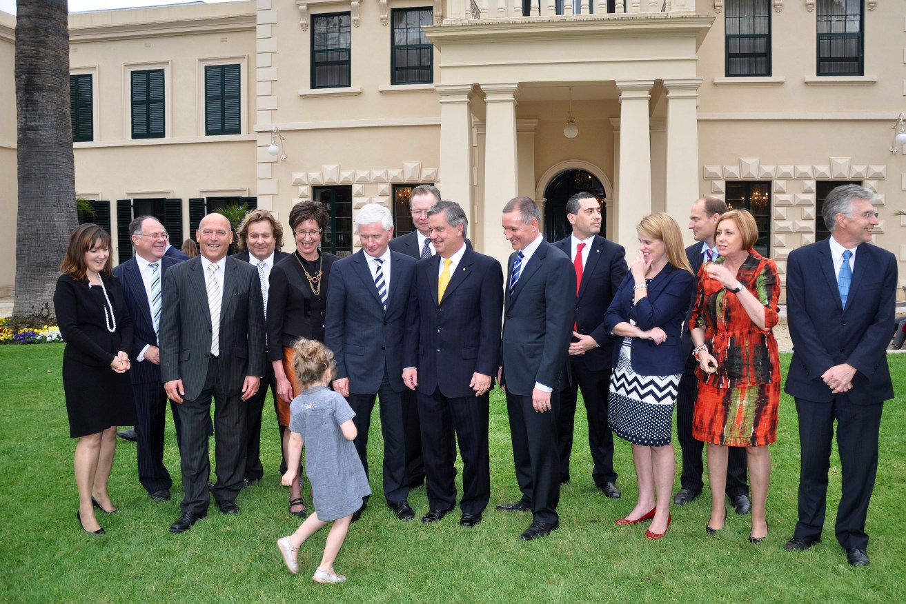 Jay Weatherill's first ministry after their swearing-in five years ago tomorrow: nine of them - Grace Portolesi, Paul Caica, Russell Wortley, Gail Gago, Michael O'Brien, Chloe Fox, Tom Kenyon, Jennifer Rankine and John Hill - are no longer in the cabinet. Photo: Tim Dornin / AAP