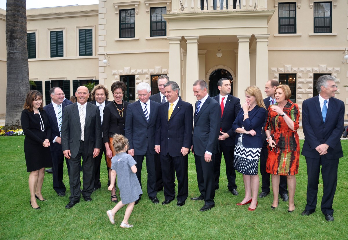 Jay Weatherill's first ministry after their swearing-in five years ago tomorrow: nine of them - Grace Portolesi, Paul Caica, Russell Wortley, Gail Gago, Michael O'Brien, Chloe Fox, Tom Kenyon, Jennifer Rankine and John Hill - are no longer in the cabinet. Photo: Tim Dornin / AAP