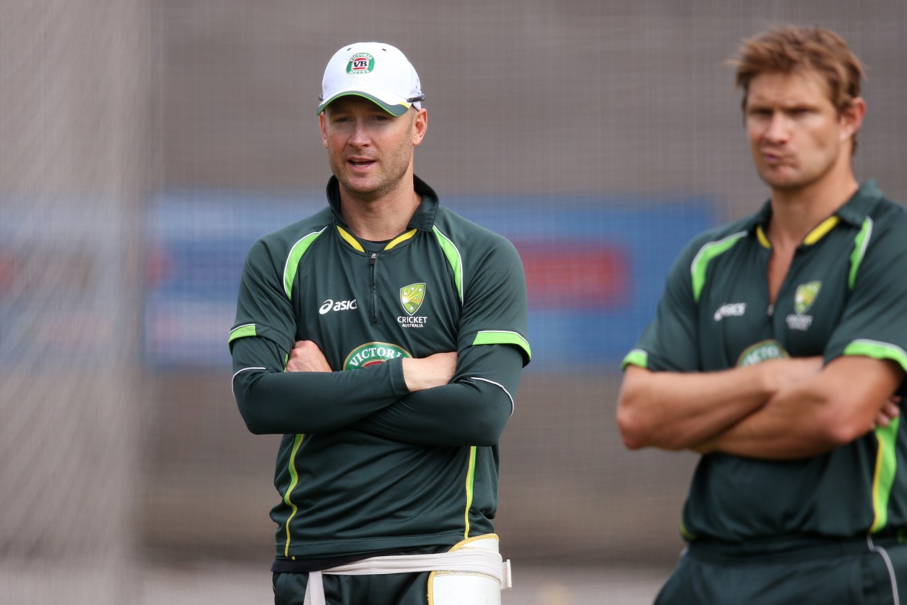 THE BEST OF FOES: Michael Clarke and Shane Watson during training for the 2015 World Cup final. Photo: Rick Rycroft / AP