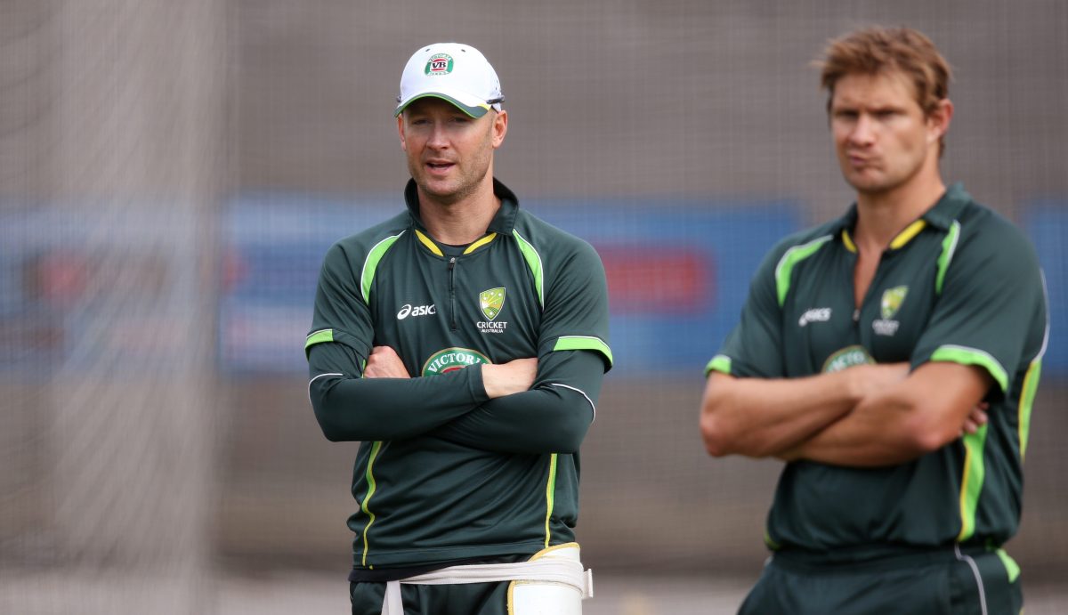 THE BEST OF FOES: Michael Clarke and Shane Watson during training for the 2015 World Cup final. Photo: Rick Rycroft / AP