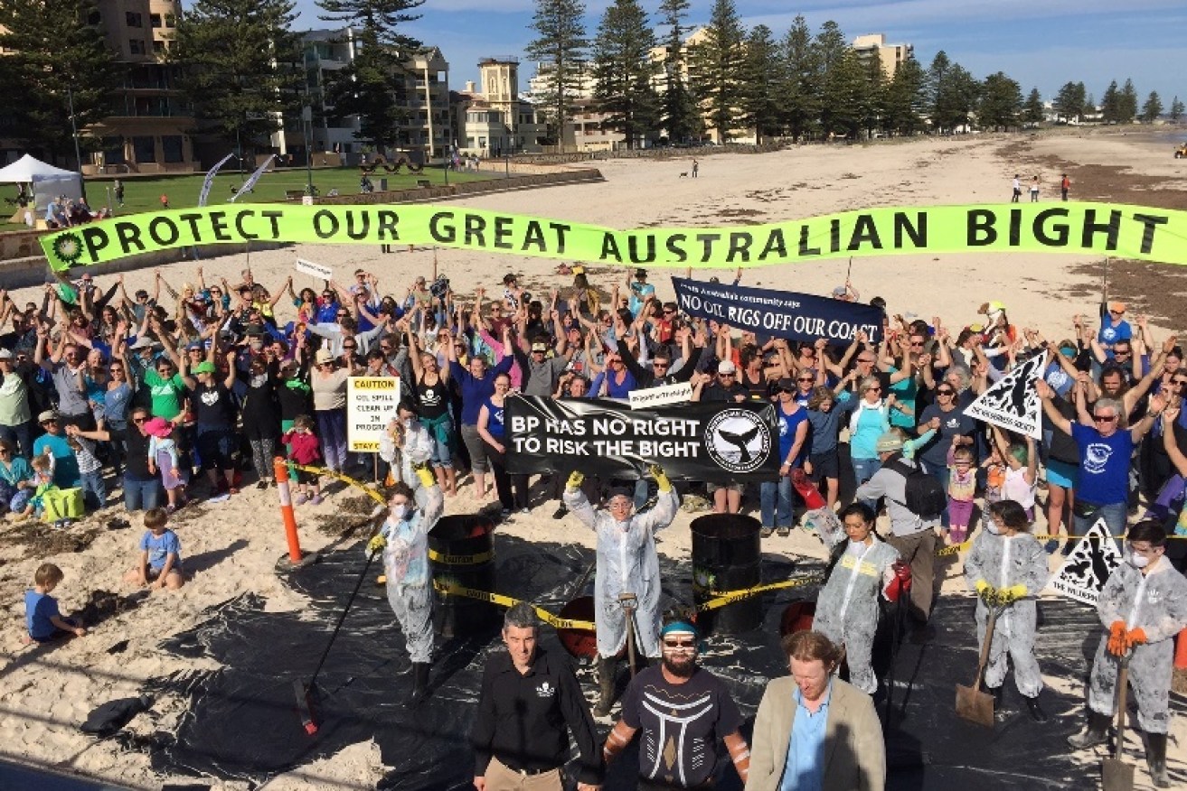 A protest on Glenelg Beach earlier this year against against BP's plans to drill in the Great Australian Bight. Photo: AAP/The Wilderness Society