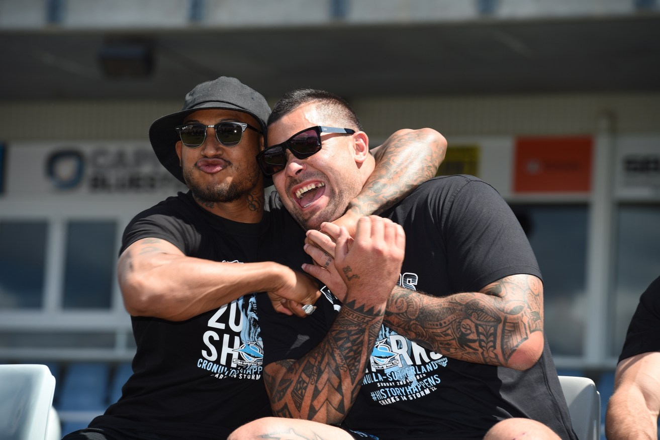 Andrew Fifita, right, with Ben Barba at a fan day to celebrate the Cronulla Sharks' drought-breaking grand final win. Photo: Mick Tsikas / AAP