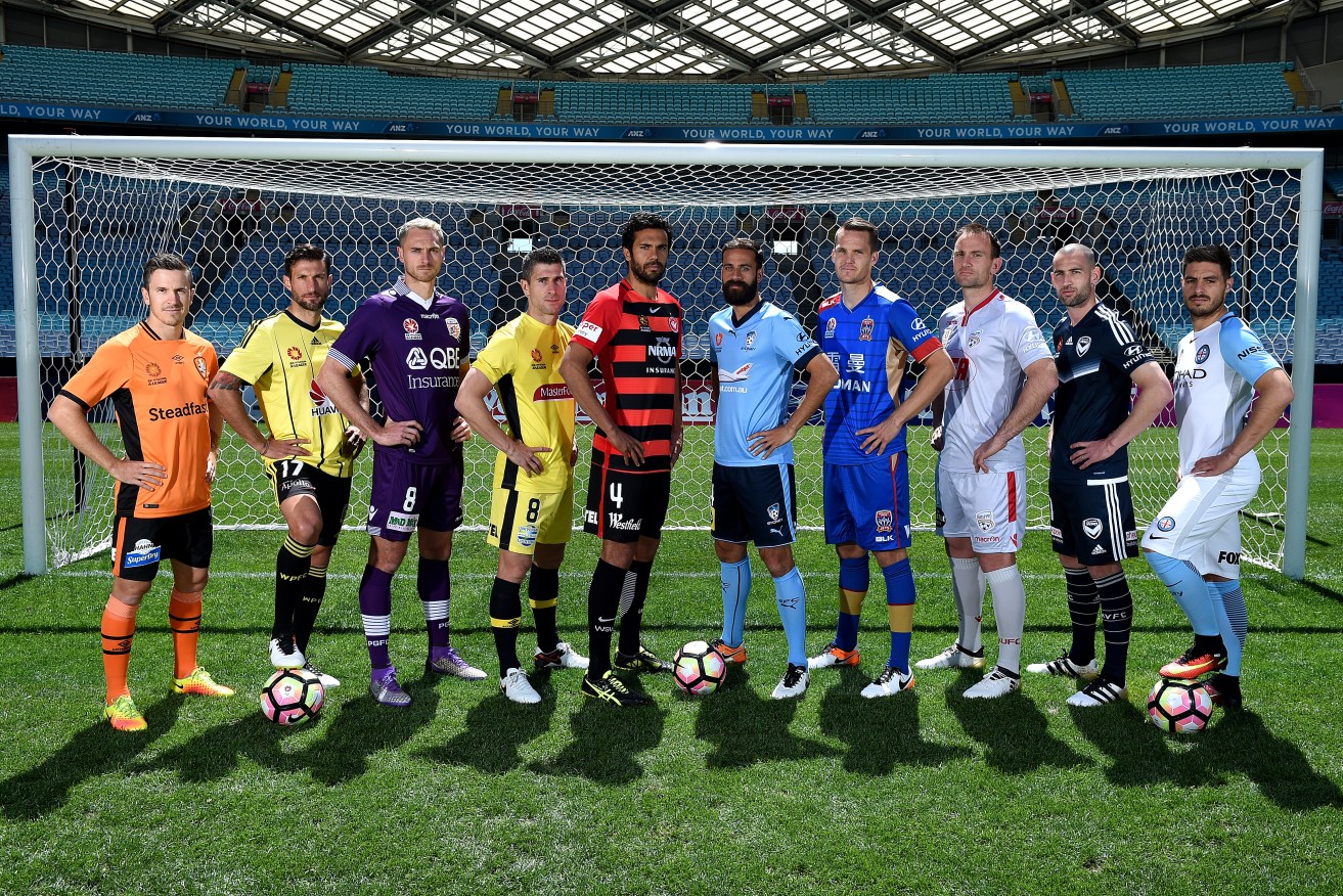 Club captains line up at this year's A-League season launch. Photo: Dan Himbrechts / AAP