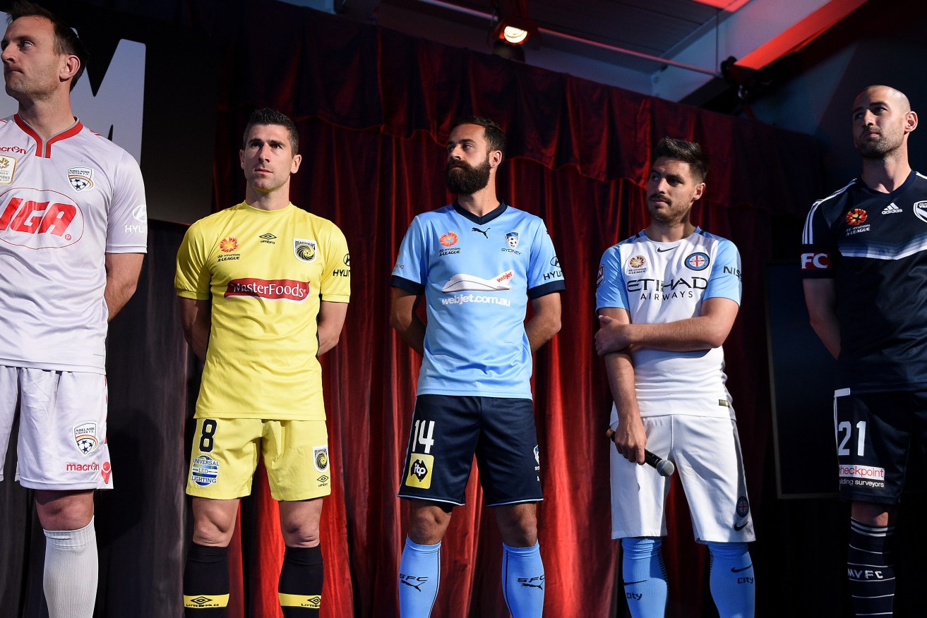 Eugene Galekovic of Adelaide United, Nick Montgomery of the Central Coast Mariners, Alex Brosque of Sydney FC, Bruno Fornaroli of Melbourne City FC and Carl Valeri of Melbourne Victory at last year's 2016-17 season launch. Photo: Dan Himbrechts / AAP
