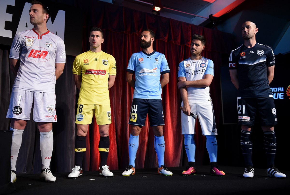 Players representing some of the Hyundai A-League football teams, (L-R) Eugene Galekovic of Adelaide United, Nick Montgomery of the Central Coast Mariners, Alex Brosque of Sydney FC, Bruno Fornaroli of Melbourne City FC and Carl Valeri of Melbourne Victory, look on during the launch of the Hyundai A-League 2016/17 Season, at ANZ Stadium, in Sydney, Tuesday, Oct. 4, 2016. The 2016/17 A-League season kicks off this Friday with the Brisbane Roar playing the Melbourne Victory in Brisbane. (AAP Image/Dan Himbrechts) NO ARCHIVING