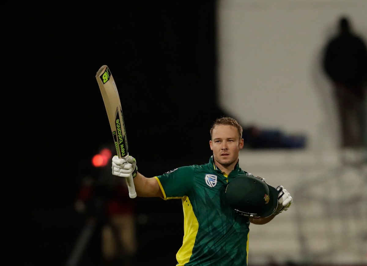 South Africa’s batsman Miller, celebrates his century during the third one-day international cricket match between South Africa and Australia, at Kingsmead stadium in Durban, South Africa, Wednesday, Oct. 5, 2016. (AP Photo/Themba Hadebe)