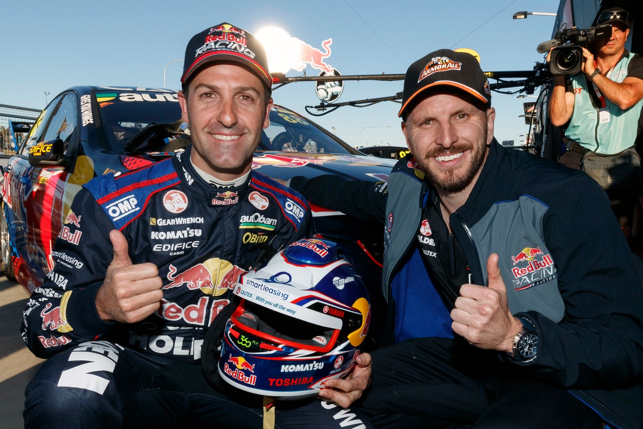 Jamie Whincup and co-driver Paul Dumbrell after Whincup claimed pole position during the top-10 shootout in the Bathurst 1000. Photo: Edge Photographics via AAP