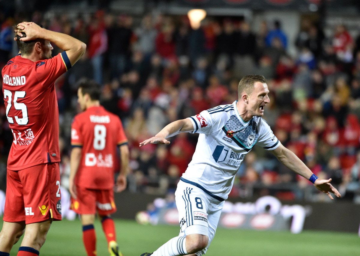 Besart Berisha of the Victory celebrates a goal during the Round 3 A-League match between Adelaide United and the Melbourne Victory at Cooper Stadium in Adelaide, Saturday, Oct. 22, 2016. (AAP Image/David Mariuz) NO ARCHIVING, EDITORIAL USE ONLY