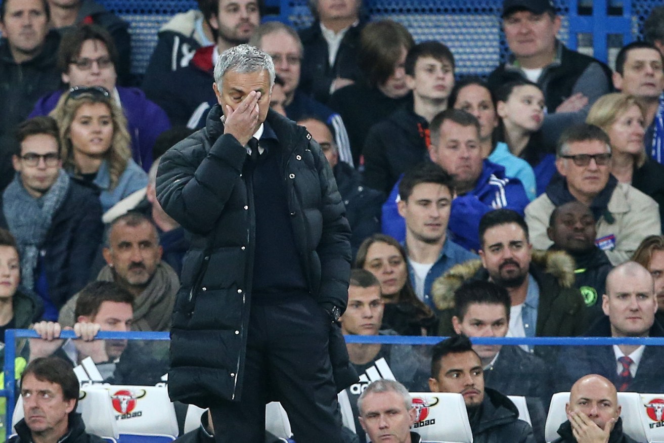 Manchester United's Jose Mourinho looks on dejected during his return to Stamford Bridge. Photo: David Klein / Sportimage via PA Images