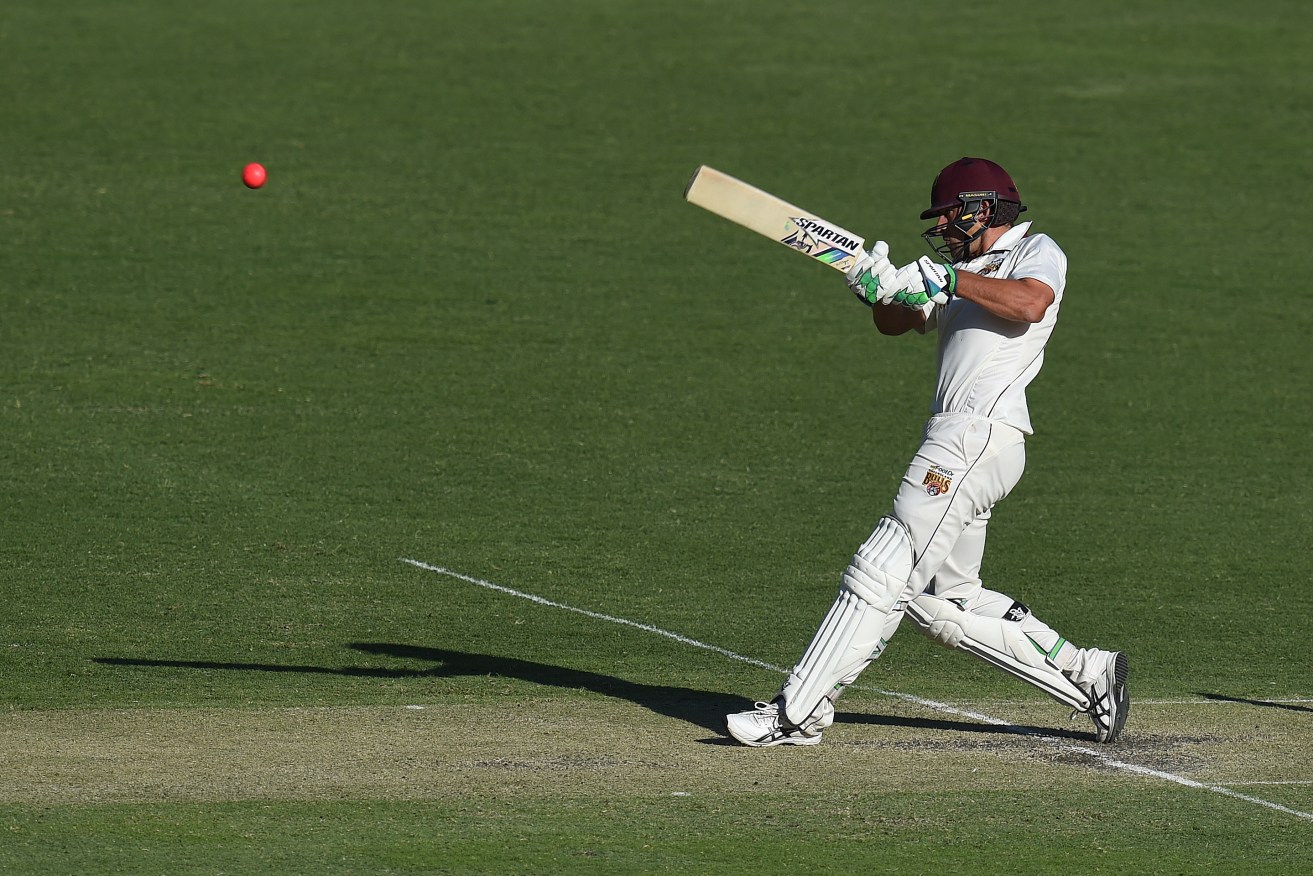 Queensland batsman Joe Burns plays the pink ball on his way to a Sheffield Shield century. Photo: Dave Hunt / AAP