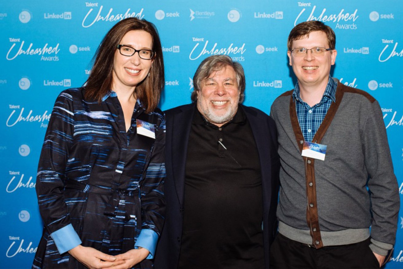 Apple co-founder Steve Wozniak flanked by Clevertar’s Tanya Newhouse and Martin Luerssen after the SA company won the 2016 Talent Unleashed award for Best Startup Tech Innovation in Sydney. Photo courtesy PAUL McMILLAN
