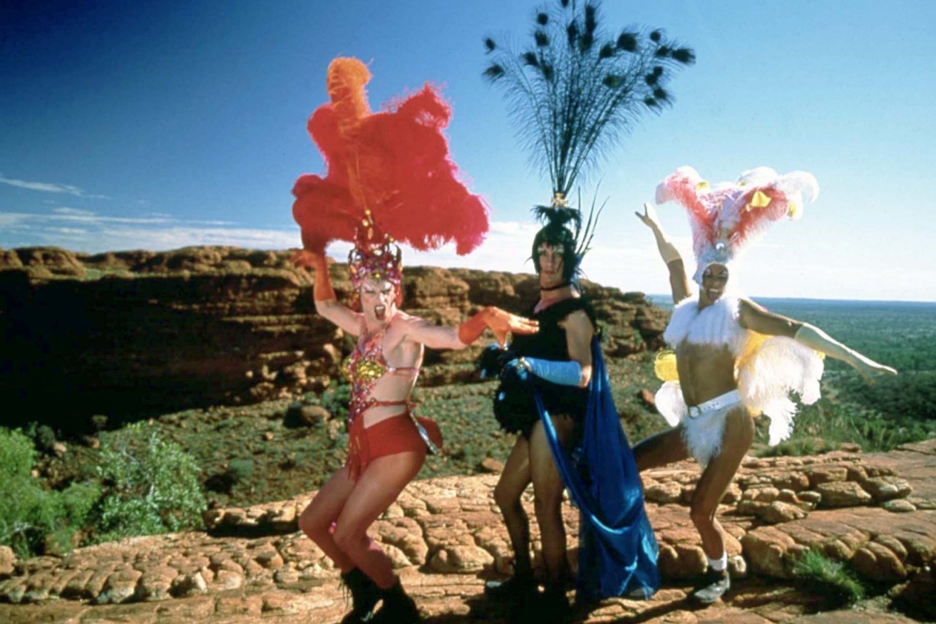 Guy Pearce, Terence Stamp and Hugo Weaving in the original film version of The Adventures of Priscilla, Queen of the Desert (1994).