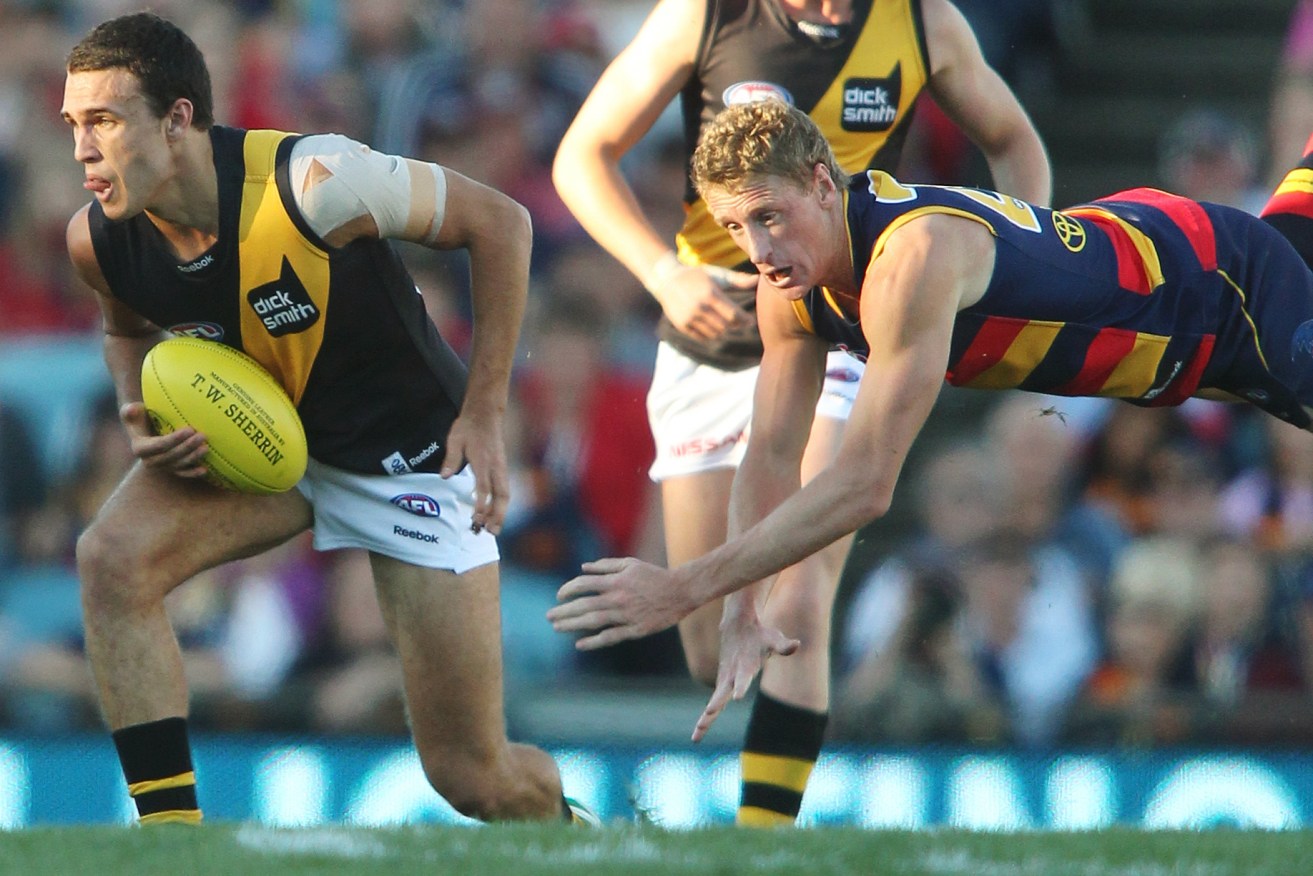 Brett Burton in his playing days, characteristically airborne. Photo: Ben Macmahon / AAP