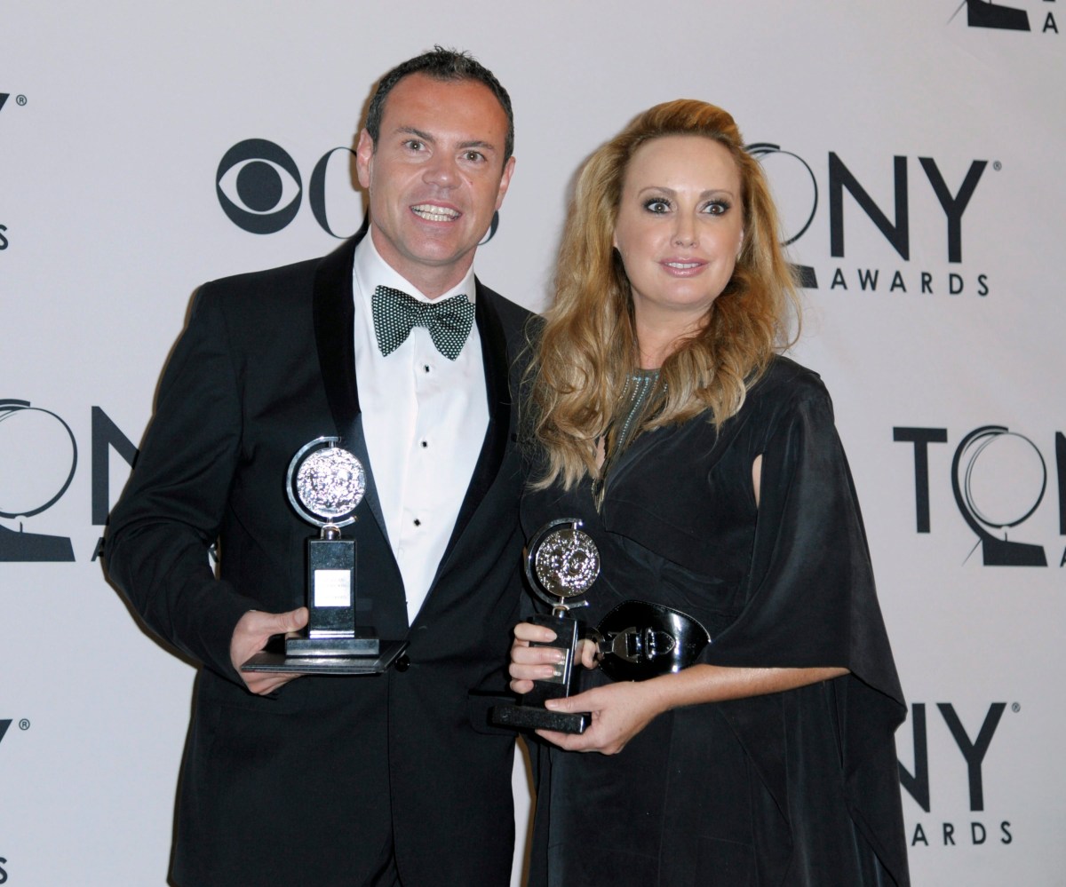 Tim Chappel and Lizzy Gardiner with their 2011 Tony Awards for 'Best Costume Design of a Musical' for 'Priscilla Queen of the Desert'. Photo: EPA/Peter Foley