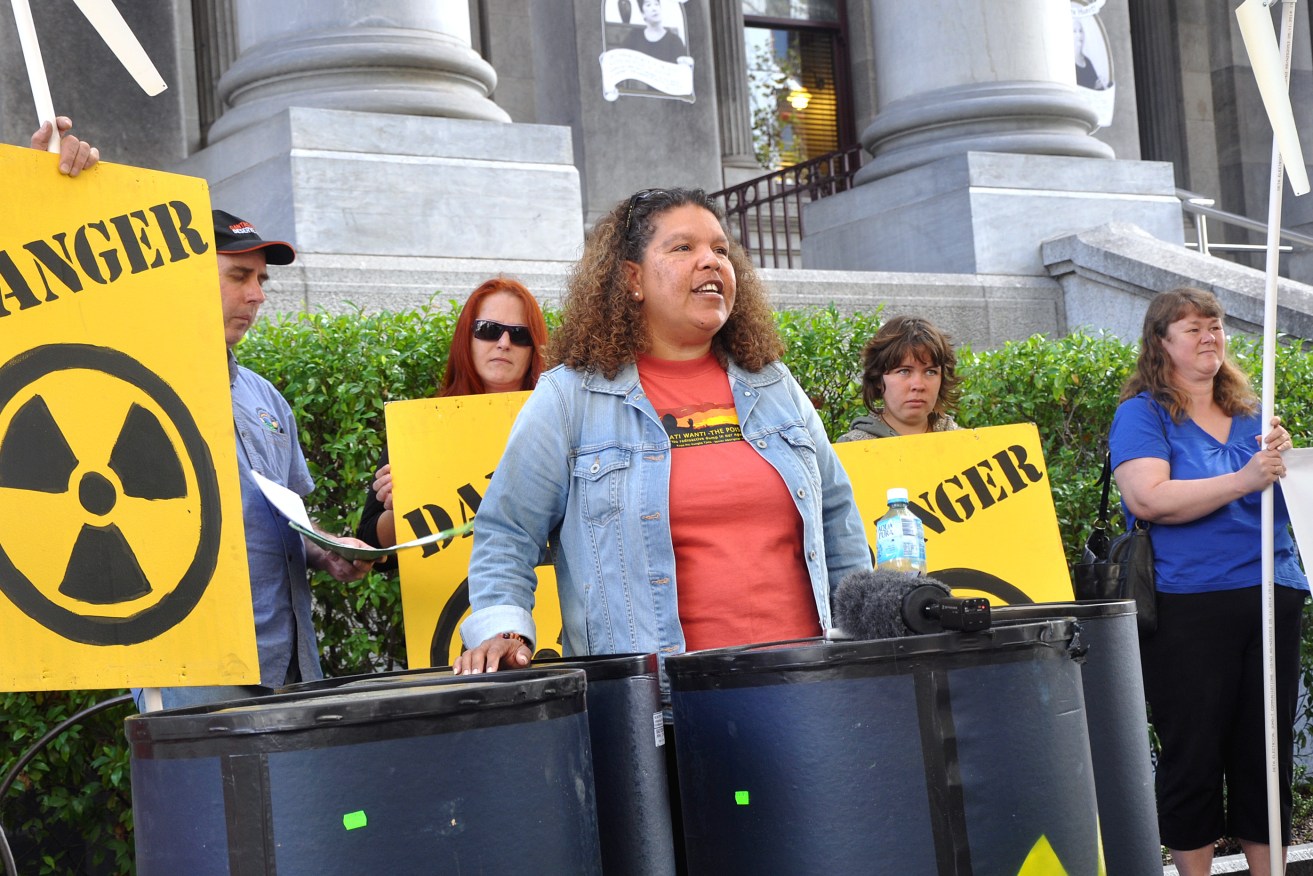 Karina Lester addresses an anti-nuclear protest outside Parliament House in Adelaide. Photo: AAP/Michael Ramsey