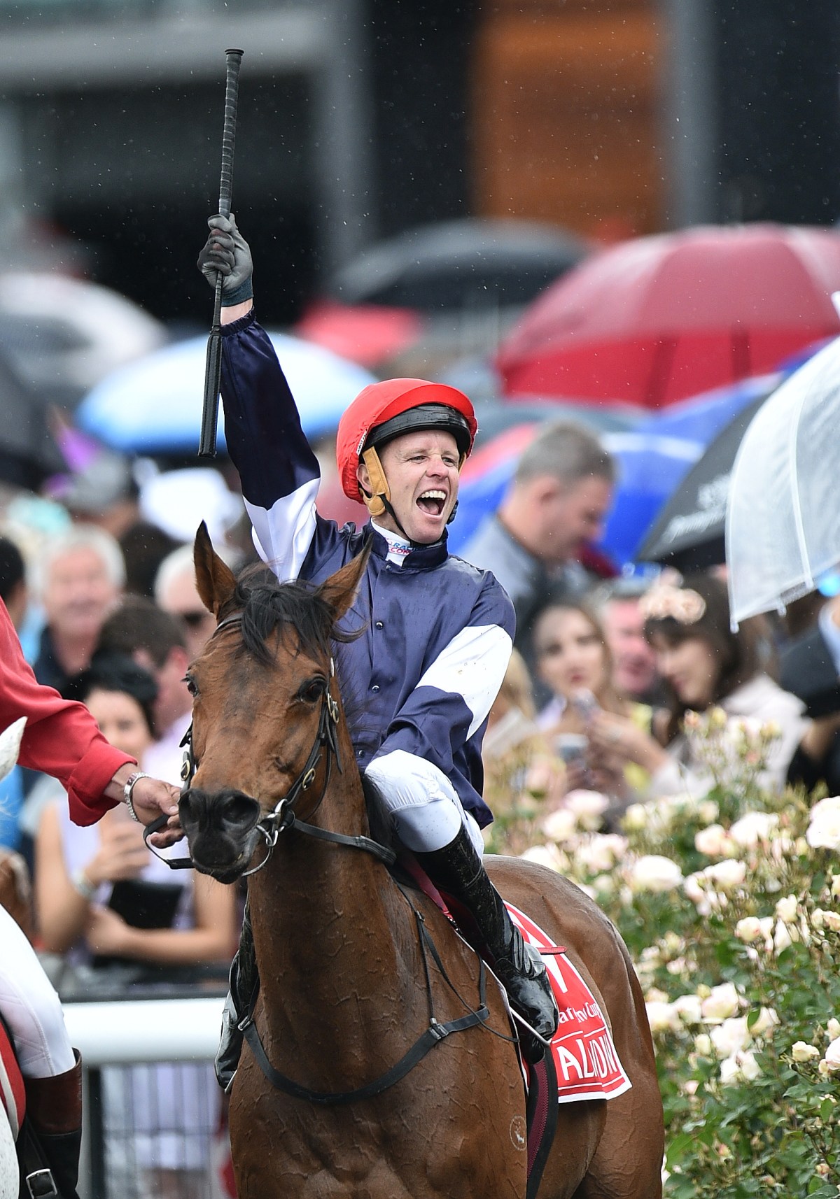Kerrin McEvoy reacts after riding Almandin to victory in the Melbourne Cup at Flemington Racecourse in Melbourne, Tuesday. Nov. 1, 2016. (AAP Image/Julian Smith) NO ARCHIVING, EDITORIAL USE ONLY