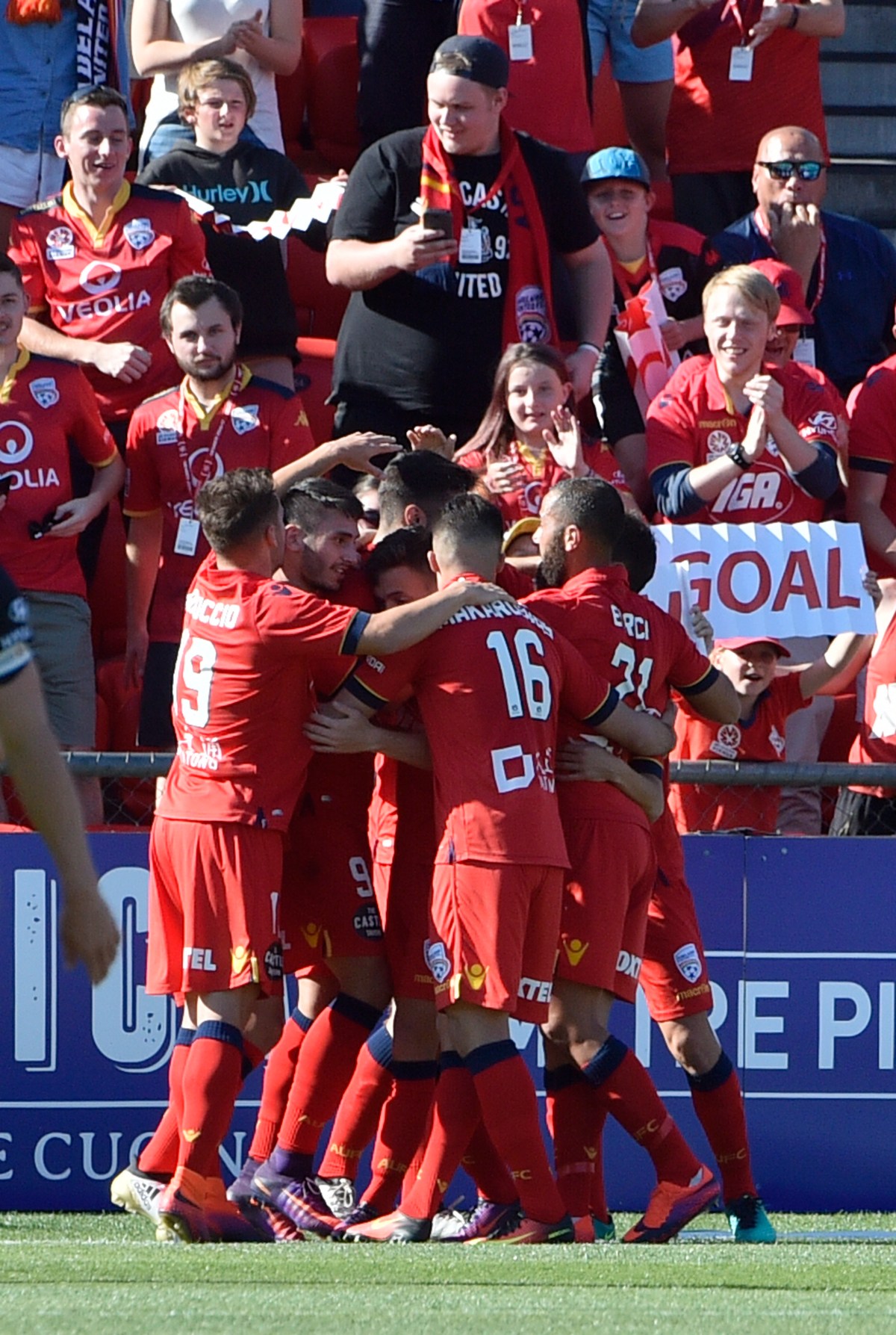 United players react after scoring penalty goal during the Round 5 A-League match between Adelaide United and the Central Coast Mariners at Cooper Stadium in Adelaide, Sunday, Nov. 6, 2016. (AAP Image/David Mariuz) NO ARCHIVING, EDITORIAL USE ONLY