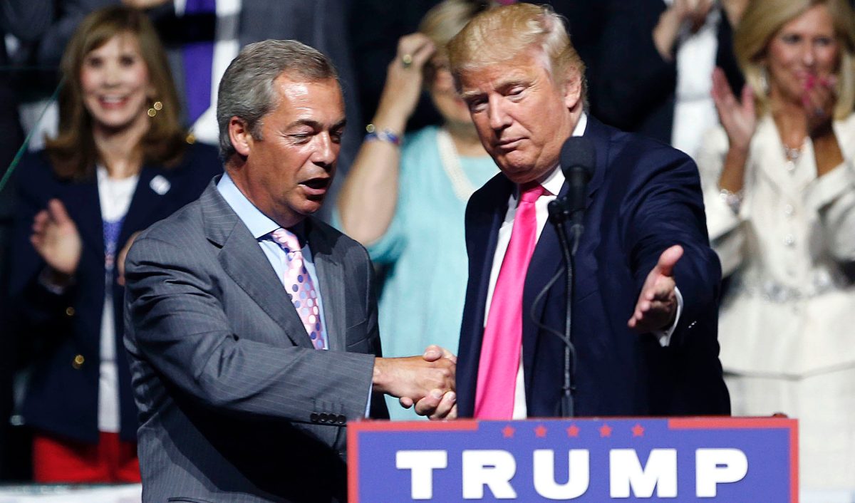 Brexiteer Nigel Farage joined Trump at a campaign rally in August. Photo: Gerald Herbert / AP