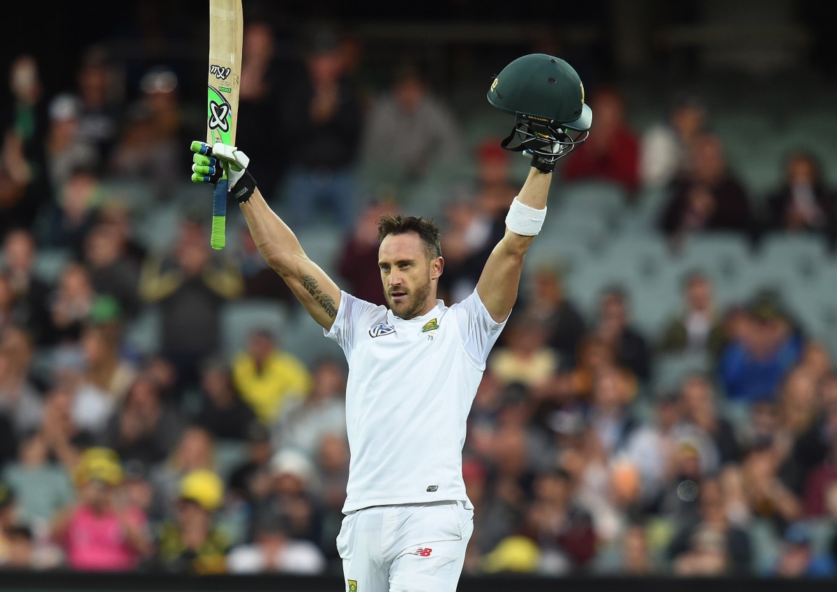 South African captain Faf du Plessis reacts after scoring a century on day 1 of the third Test match between Australia and South Africa at the Adelaide Oval in Adelaide, Thursday, Nov. 24, 2016. Australia play South Africa in the third and final Test match tomorrow. (AAP Image/Dave Hunt) NO ARCHIVING, EDITORIAL USE ONLY, IMAGES TO BE USED FOR NEWS REPORTING PURPOSES ONLY, NO COMMERCIAL USE WHATSOEVER, NO USE IN BOOKS WITHOUT PRIOR WRITTEN CONSENT FROM AAP