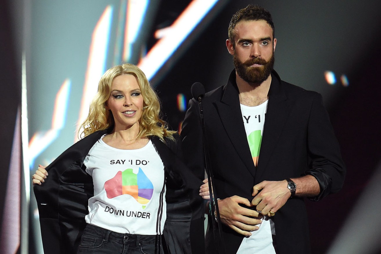 Kylie Minogue and fiance fiance Joshua Sasse at the ARIA awards. Photo: AAP