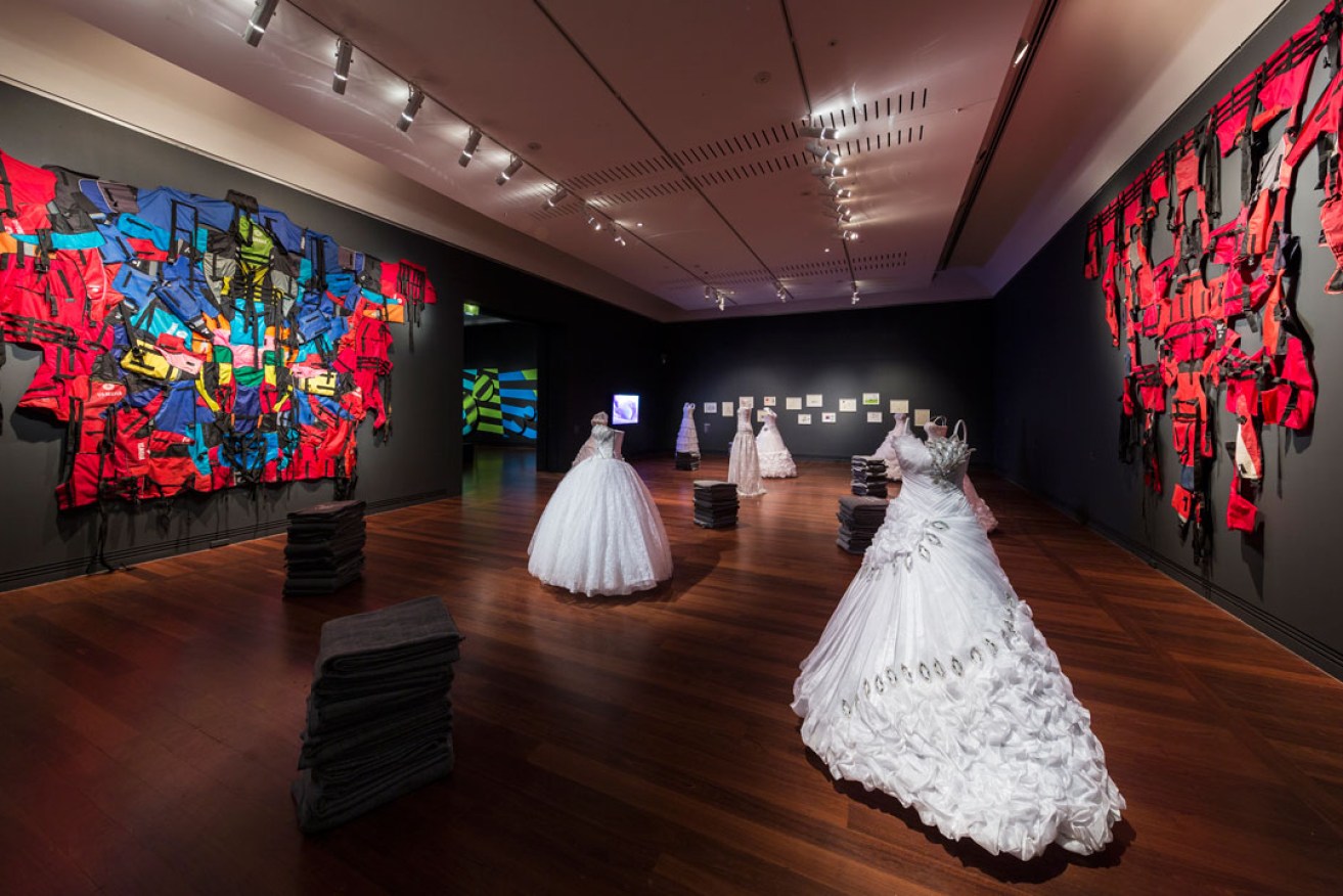 Dresses for Soulaf - Ben Quilty's installation in Sappers & Shrapnel at the Art Gallery of South Australia. Photo: Paul Steed