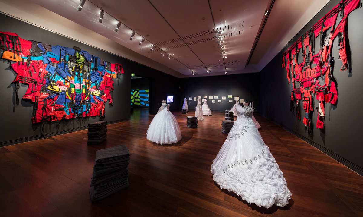 Dresses for Soulaf - Ben Quilty's installation in Sappers & Shrapnel at the Art Gallery of South Australia. Photo: Paul Steed