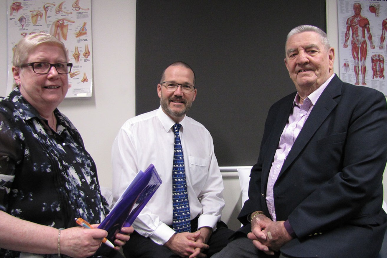 One of the first participants in the trials, COPD patient Mr Glenford Barlow, with clinical trials manager Ms Aine Greene and Professor Currow at the start of the Stage 3 trial.   