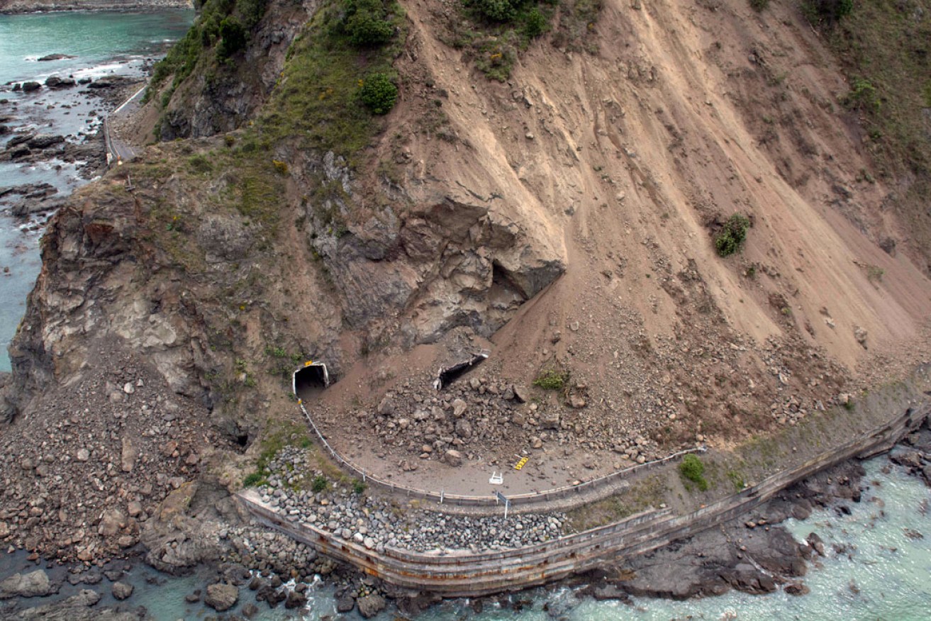 An aerial photo shows damage to the main highway near Kaikoura following the earthquake. Photo: AP