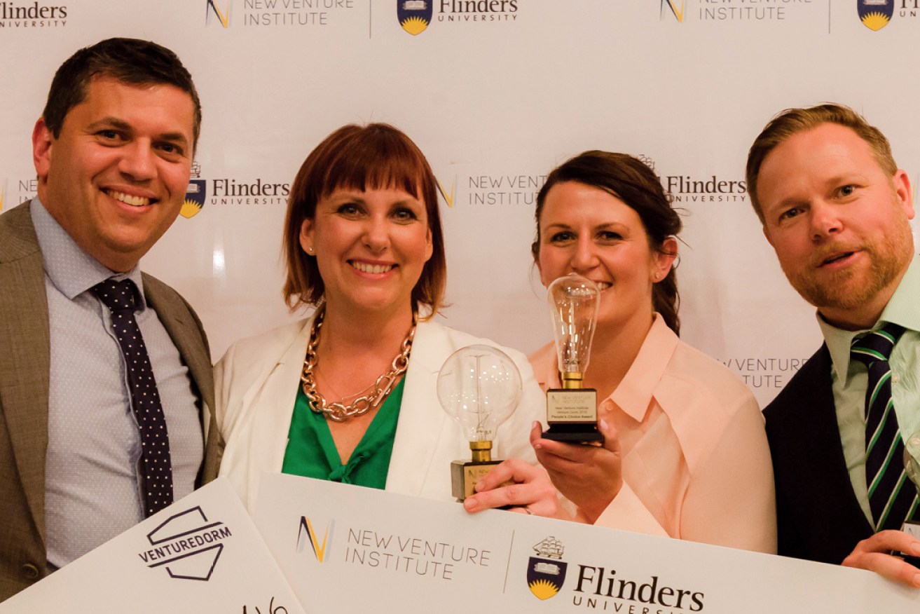 The latest Venture Dorm award winners at last week’s eNVIes awards night at Flinders University, left to right, Michael Ewer, Dana Bell, Melissa Little and Sam Hastwell.