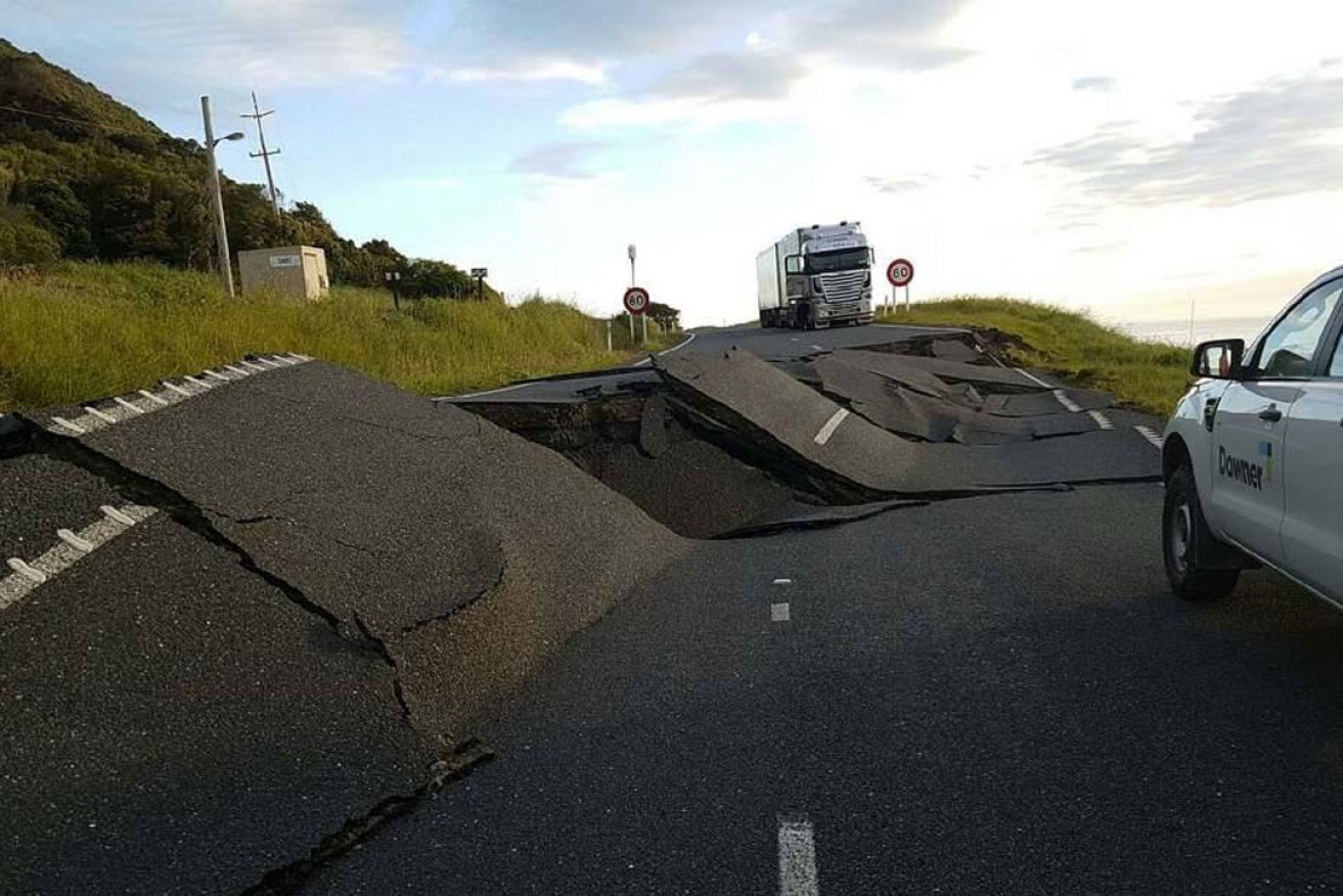 A photo posted on Facebook by the NZ Transport Agency showing a damaged road near Oaro State Highway 1 on the South Island. 