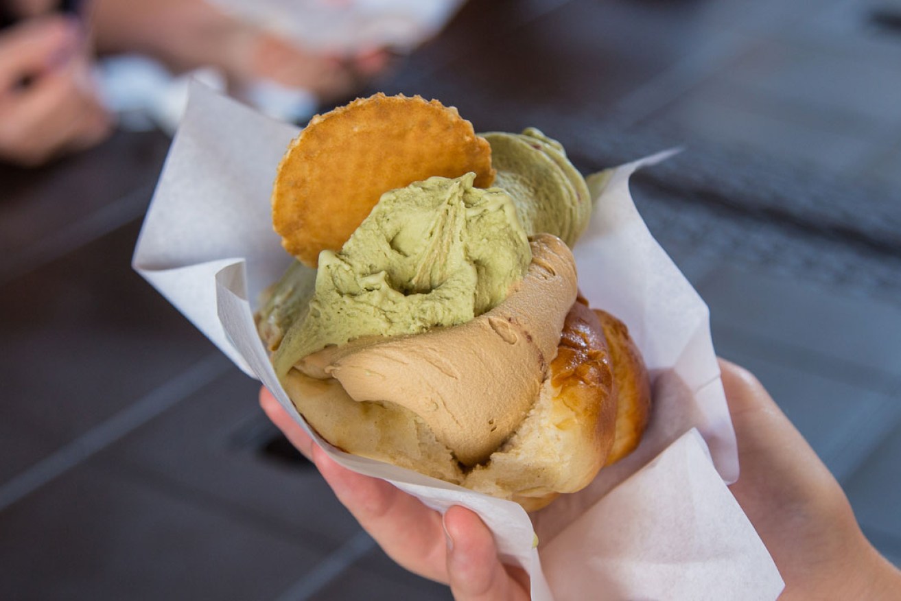 Pistachio gelato served on a fresh brioche roll. Photo: Amanda McInerney