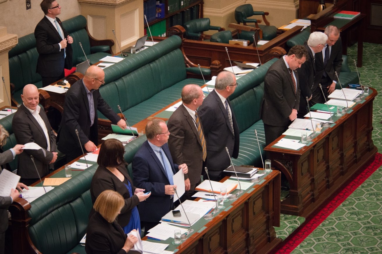 Labor's frontbench, including independents Geoff Brock and Martin Hamilton-Smith, whose seats are counted as notionally Liberal by the Boundaries Commission. Photo: Nat Rogers / InDaily