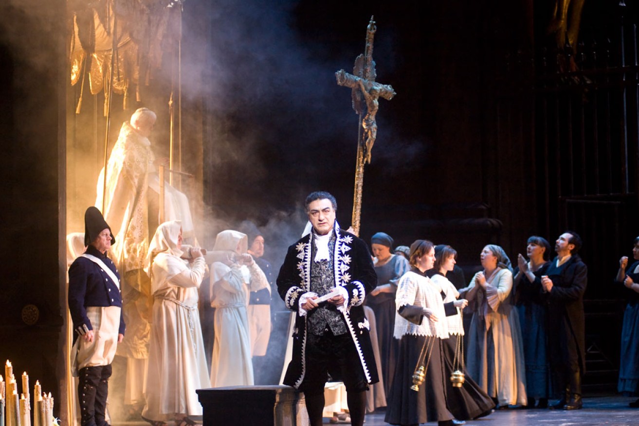 Mario Bellanova as Scarpia, with the State Opera Chorus. Photo: Ali Feo