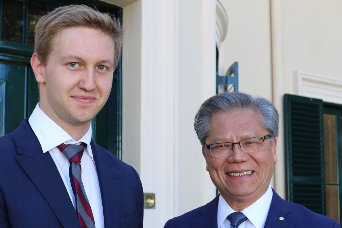 Flinders University law-arts student Jordan Gifford-Moore with the Governor of South Australia, His Excellency the Honourable Hieu Van Le AC, after receiving his 2017 Rhodes Scholarship.  
