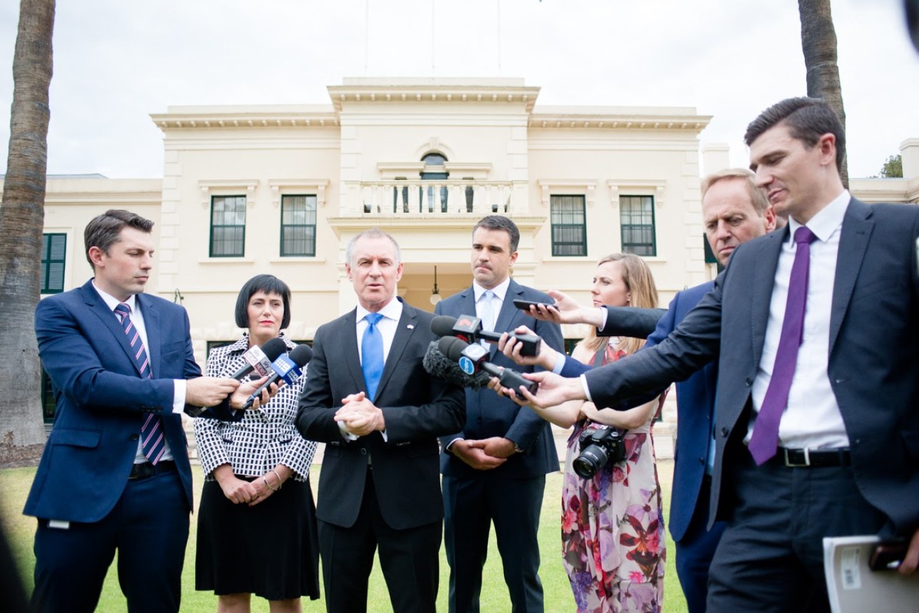 Jay Weatherill, Leesa Vlahos and Peter Malinauskas killing several birds with one stone as they racked up a combined 762 TV news appearances between them in 2016. This was the first media conference Vlahos (30) and Malinauskas (160) attended as frontbenchers this year. Photo: Nat Rogers / InDaily