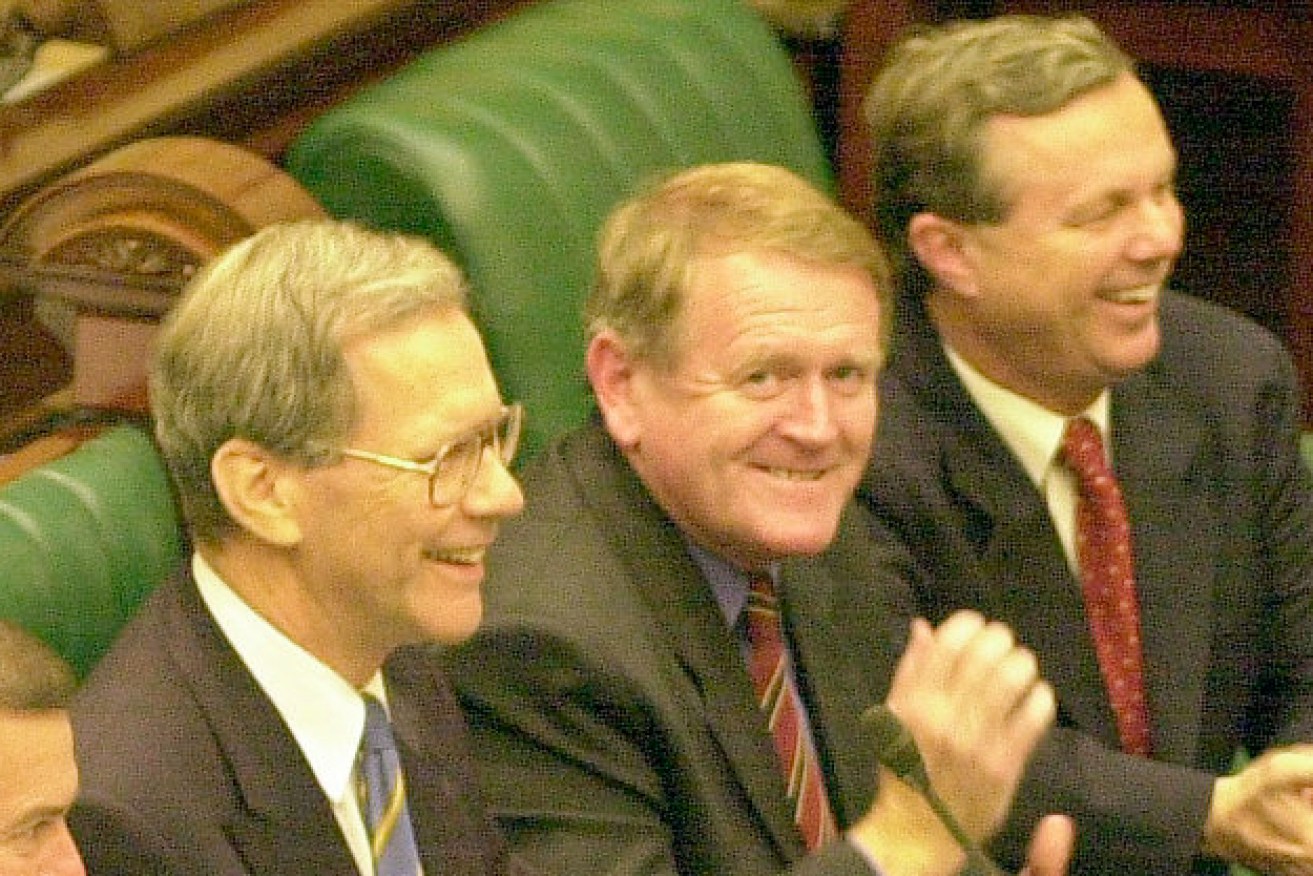 END OF AN ERA? Former premier Dean Brown (left) with then-outgoing premier Rob Kerin and incoming premier Mike Rann on the day Peter Lewis cast his vote for a Labor government in 2002. Photo: Tom Miletic / AAP