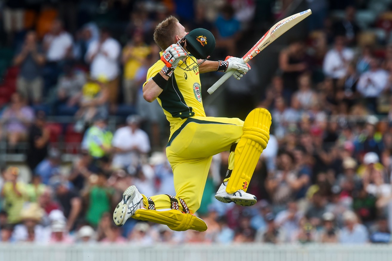 Warner celebrates his century during the second One Day International between Australia and New Zealand at Manuka Oval. Photo: Lukas Coch / AAP