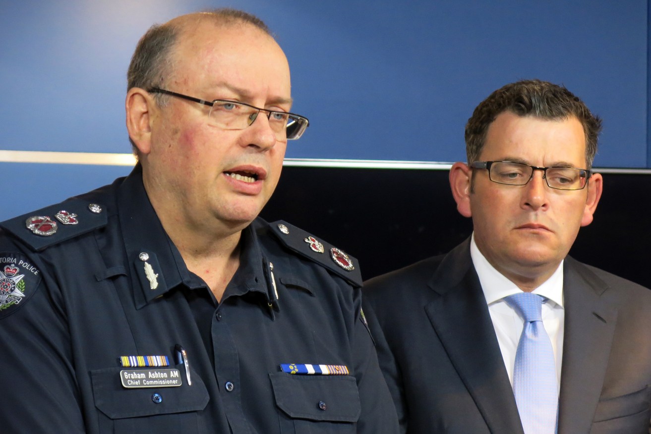 Chief Commissioner Graham Ashton (left) and Victorian Premier Daniel Andrews address a press conference in Melbourne today. Photo: AAP/Alex Murray